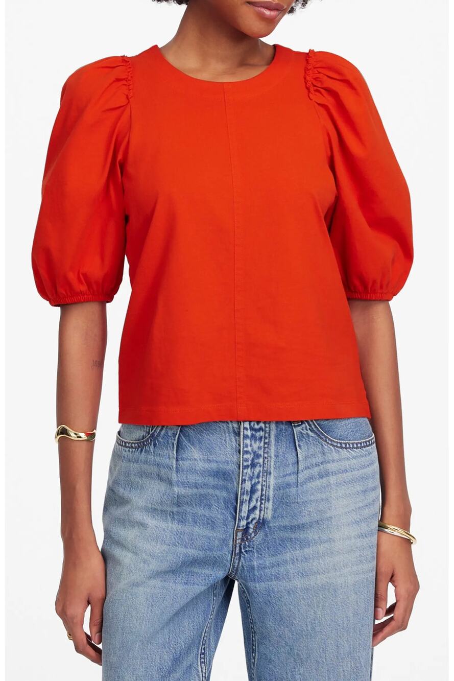 NWT Madewell Puff Sleeve Ruffle Trim Cotton Jersey Tee Bright Flame Red Small